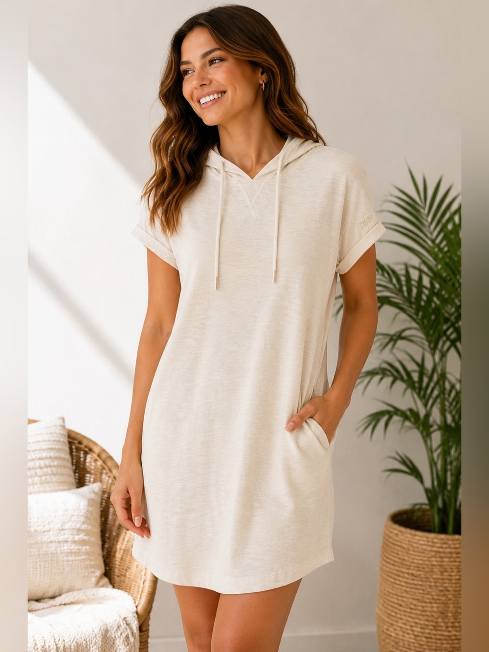 DKNY Hooded T-Shirt Dress – Women’s Small – Ivory/Cream – 100% Cotton
